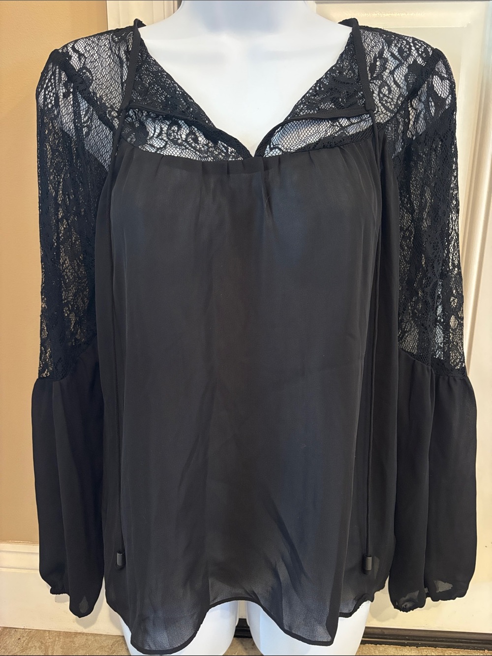 Parker Black Lace Yoke Sheer-Sleeve Blouse